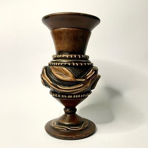 Hand Carved Dark Wood Floral Vase - Leaf Pattern Footed
